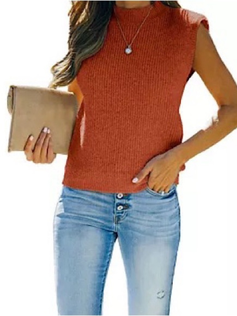 Sleeveless Mock Neck Knit Ribbed Sweater Vest Top Shirt Women’s Size M Rust Red